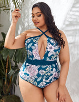 Women Plus Size Cross Halter Retro Print One - Piece Swimsuit - PRUSES