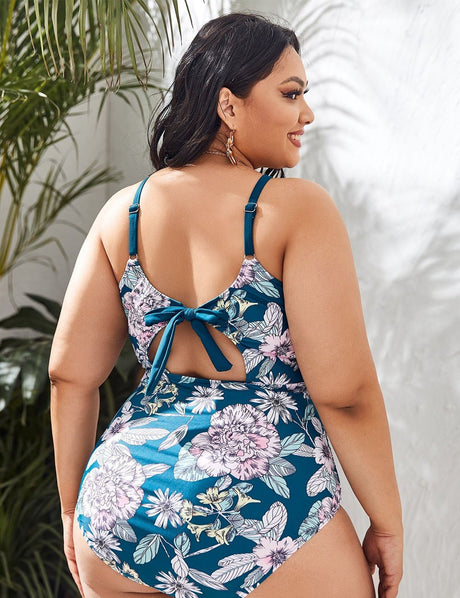 Women Plus Size Cross Halter Retro Print One - Piece Swimsuit - PRUSES