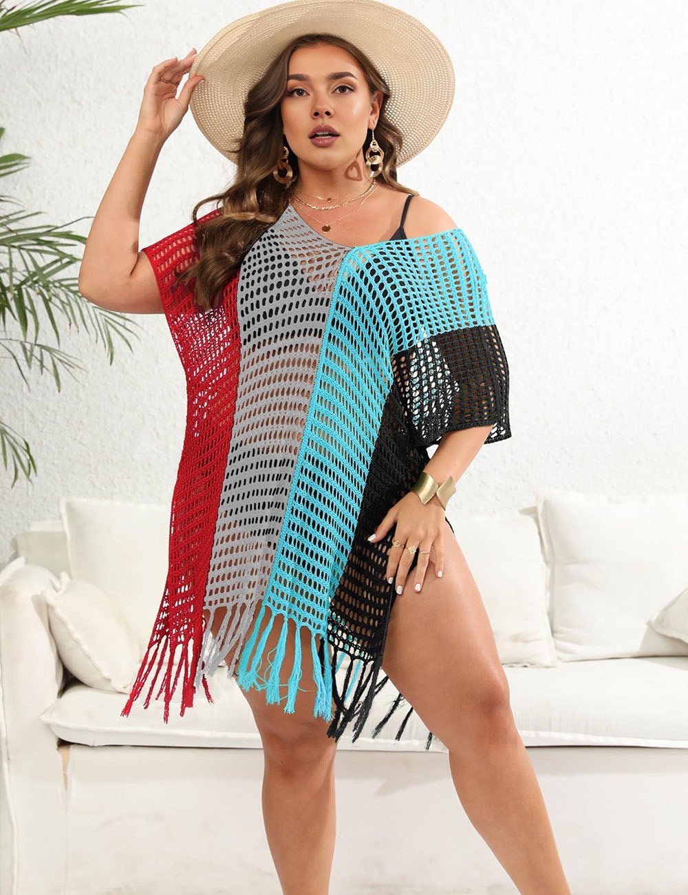 Women Plus Size Cutout Contrast Cover - up | PRUSES - PRUSES