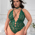 Women Plus Size Dark Green Halter Lace Bodysuit - PRUSES