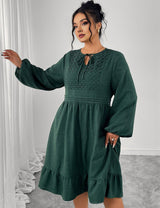 Women Plus Size Dark Green Long Sleeve Boho Midi Dress - PRUSES