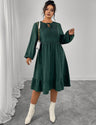 Women Plus Size Dark Green Long Sleeve Boho Midi Dress - PRUSES