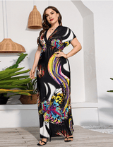 Women Plus Size Deep V - neck Elastic Waist Slimming Dress - PRUSES