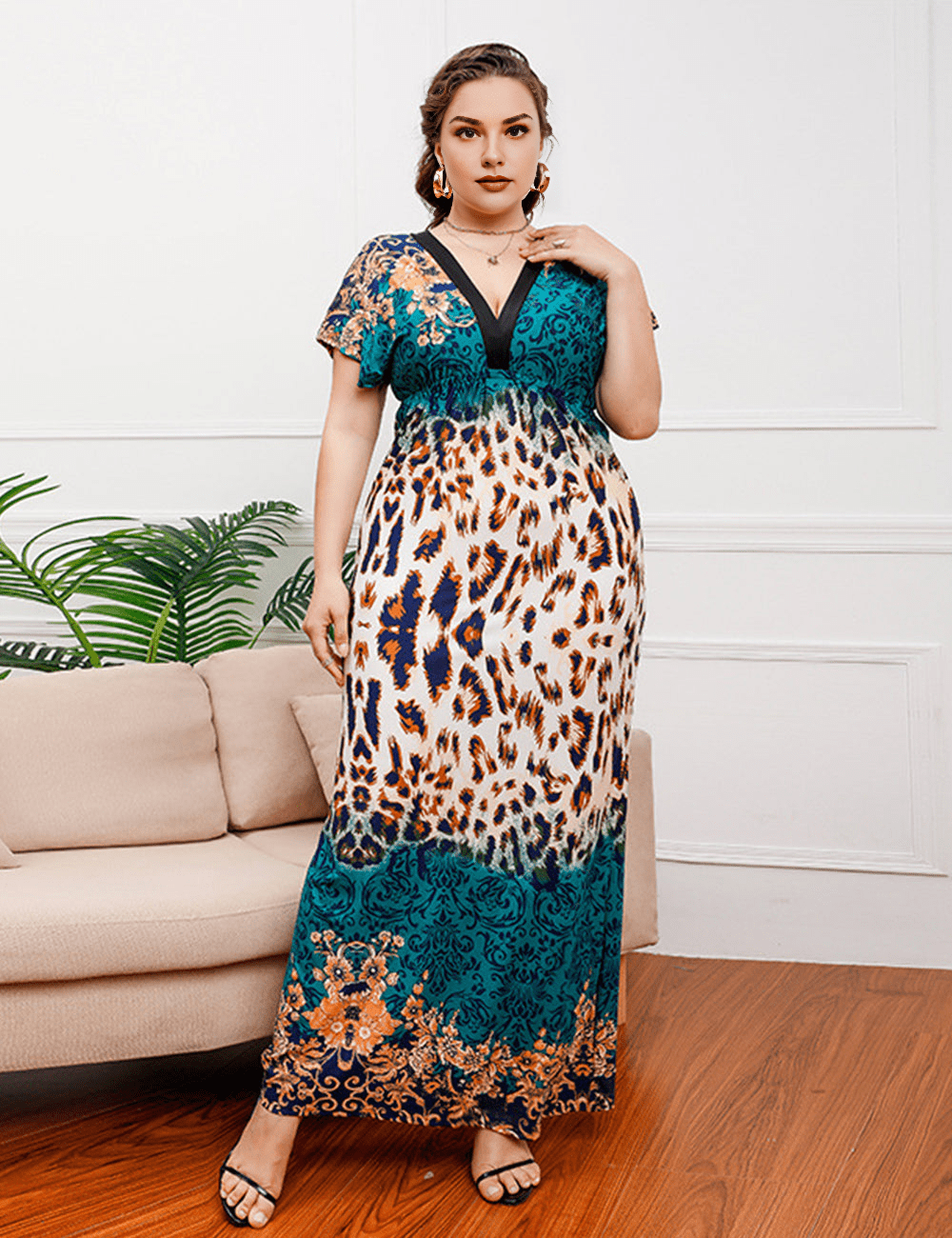 Women Plus Size Deep V - neck Elastic Waist Slimming Dress - PRUSES