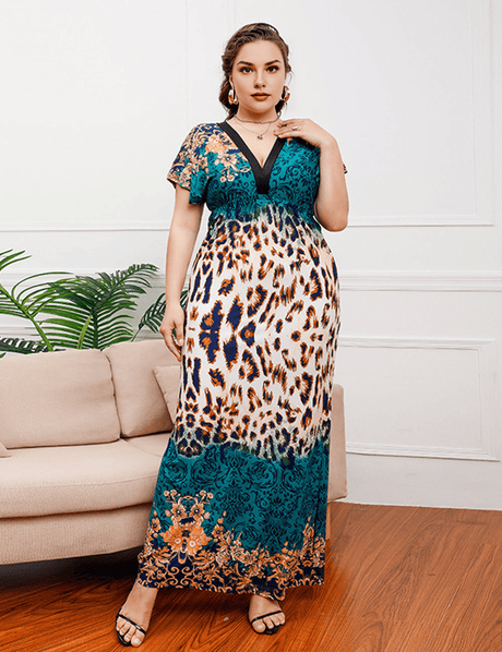 Women Plus Size Deep V - neck Elastic Waist Slimming Dress - PRUSES