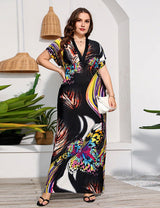 Women Plus Size Deep V - neck Elastic Waist Slimming Dress - PRUSES