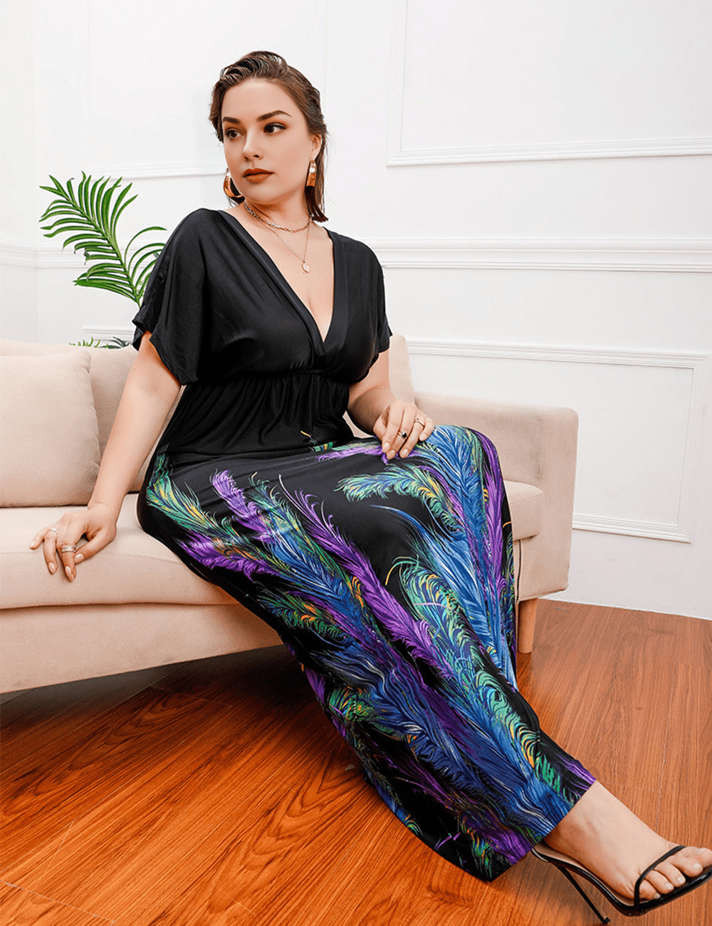 Women Plus Size Deep V - neck Elastic Waist Slimming Dress - PRUSES