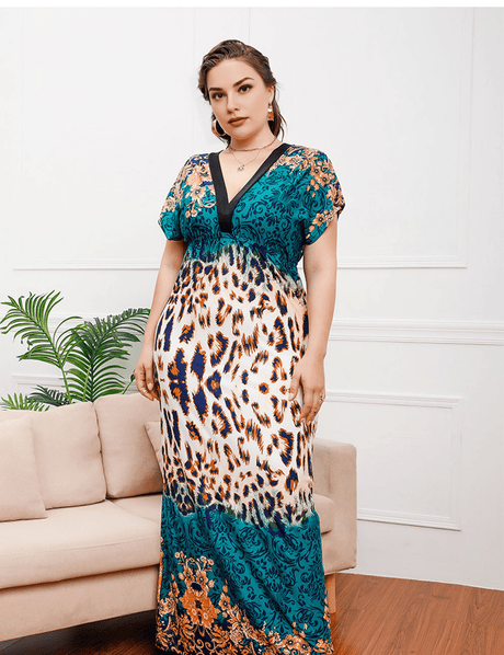 Women Plus Size Deep V - neck Elastic Waist Slimming Dress - PRUSES