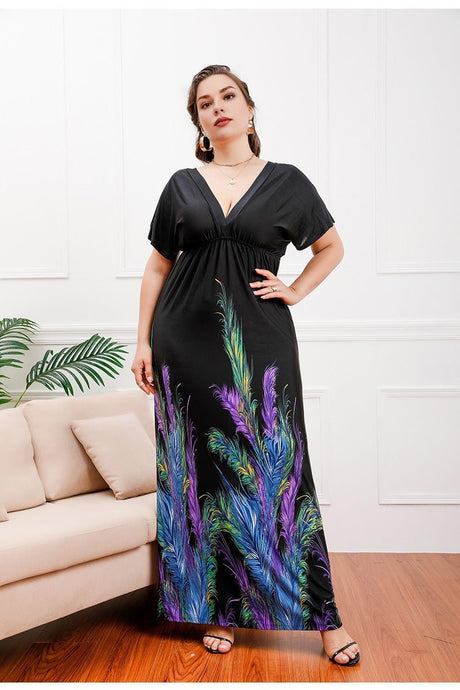 Women Plus Size Deep V - neck Elastic Waist Slimming Dress - PRUSES