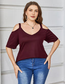 Women Plus Size Deep V Neck Off Shoulder Tee | PRUSES - PRUSES