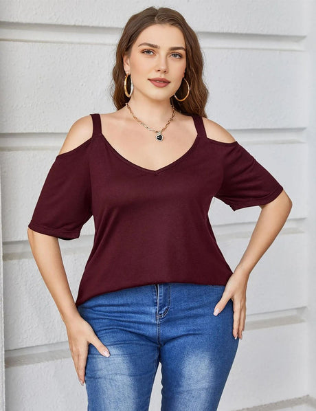 Women Plus Size Deep V Neck Off Shoulder Tee | PRUSES - PRUSES