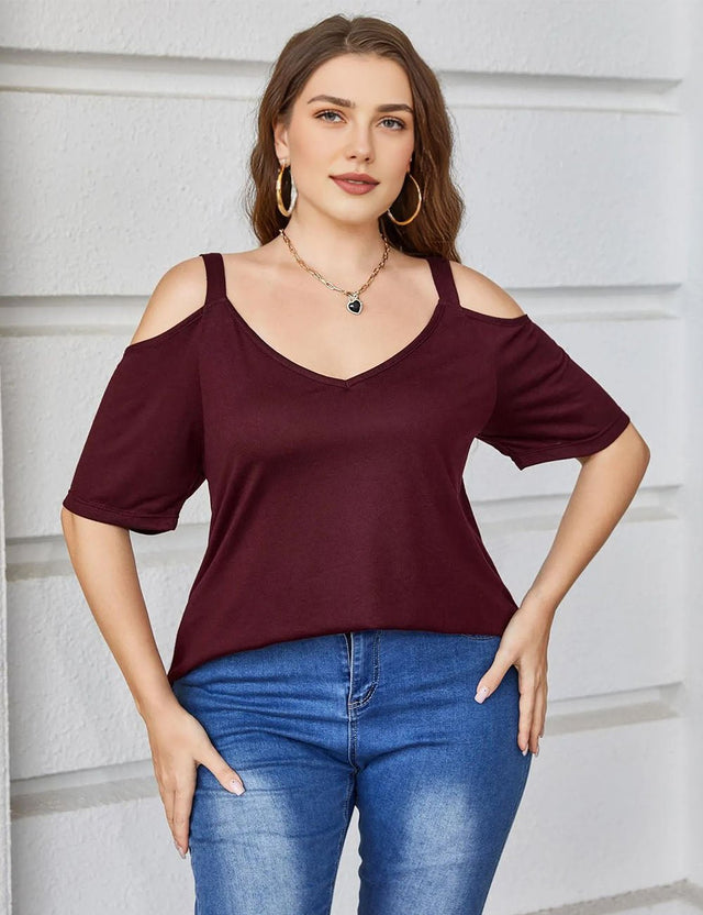 Women Plus Size Deep V Neck Off Shoulder Tee | PRUSES - PRUSES