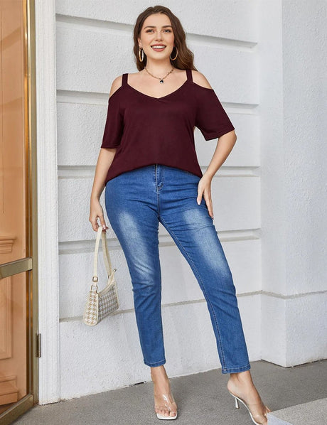 Women Plus Size Deep V Neck Off Shoulder Tee | PRUSES - PRUSES