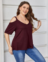 Women Plus Size Deep V Neck Off Shoulder Tee | PRUSES - PRUSES