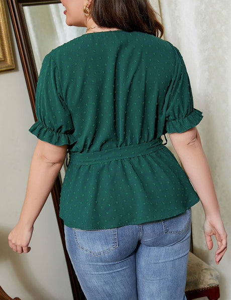 Women Plus Size Dot Ruffle Sleeve Tied Belt Blouse | PRUSES - PRUSES