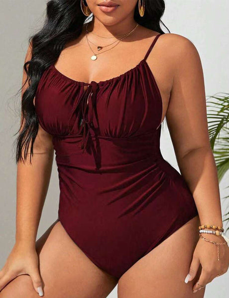 Women Plus Size Drawstring Ruched One Piece Swimsuit - PRUSES