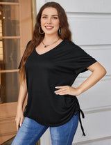 Women Plus Size Drawstring Side Pure Color Short Sleeve T-shirt | PRUSES - PRUSES