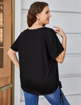 Women Plus Size Drawstring Side Pure Color Short Sleeve T-shirt | PRUSES - PRUSES