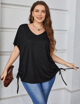 Women Plus Size Drawstring Side Pure Color Short Sleeve T-shirt | PRUSES - PRUSES