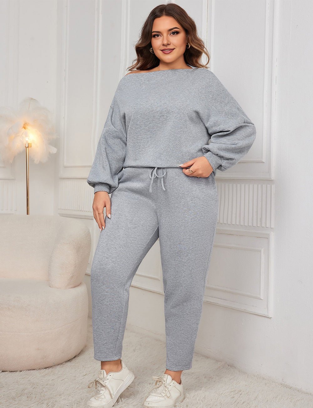 Women Plus Size Drop Shoulder Casual Sweatshirt and Pants Set - PRUSES