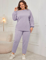 Women Plus Size Drop Shoulder Casual Sweatshirt and Pants Set - PRUSES