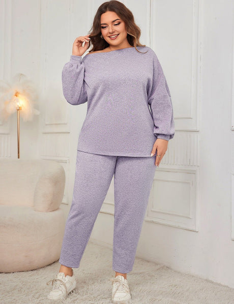 Women Plus Size Drop Shoulder Casual Sweatshirt and Pants Set - PRUSES