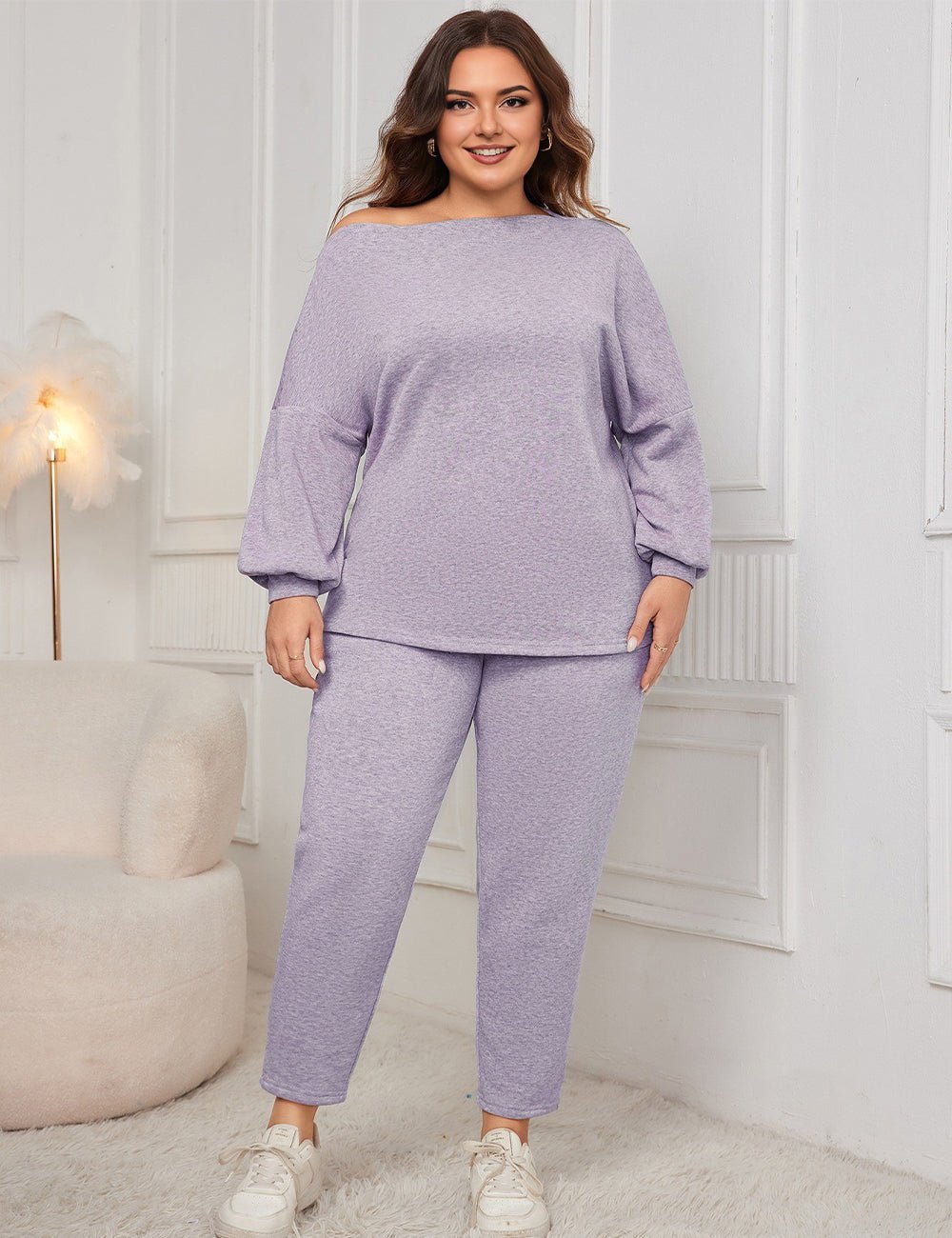 Women Plus Size Drop Shoulder Casual Sweatshirt and Pants Set - PRUSES