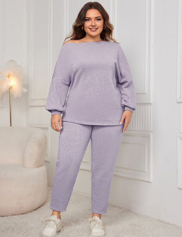 Women Plus Size Drop Shoulder Casual Sweatshirt and Pants Set - PRUSES