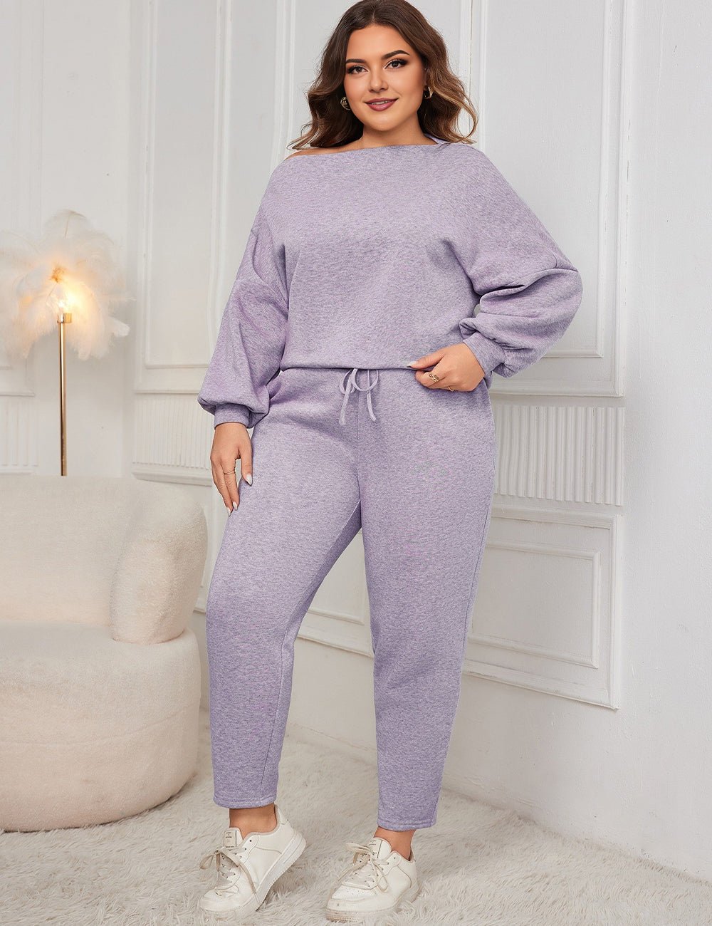 Women Plus Size Drop Shoulder Casual Sweatshirt and Pants Set - PRUSES