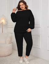 Women Plus Size Drop Shoulder Casual Sweatshirt and Pants Set - PRUSES
