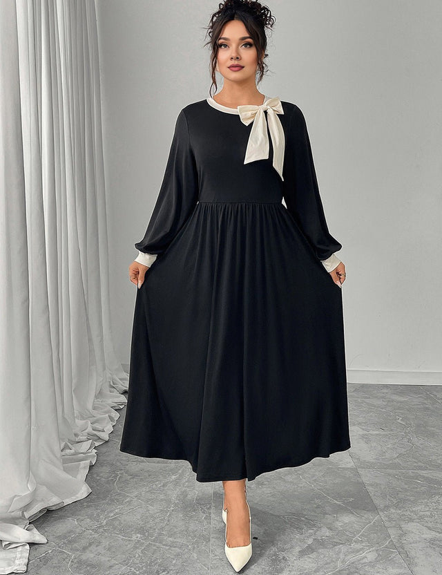 Women Plus Size Elegant Black Bow Vintage Maxi Dress - PRUSES