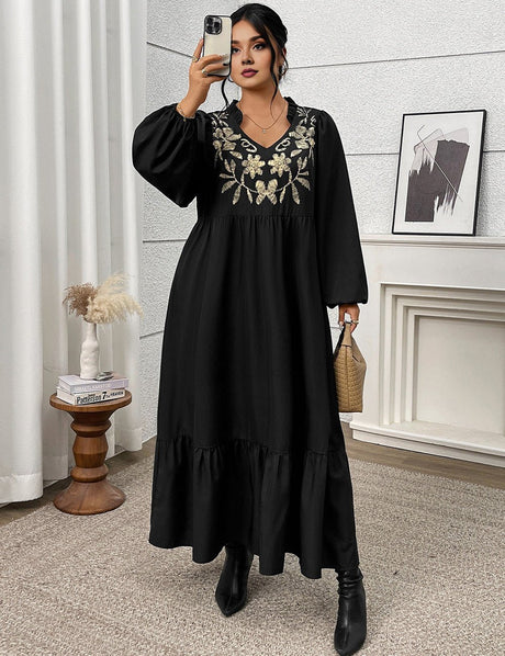 Women Plus Size Elegant Black Embroidered Notch Neck Maxi Dress - PRUSES