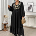Women Plus Size Elegant Black Embroidered Notch Neck Maxi Dress - PRUSES