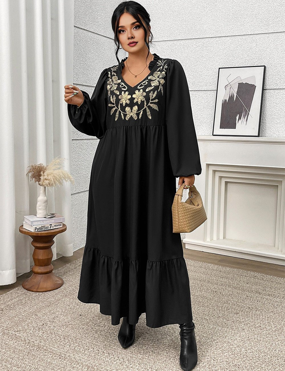 Women Plus Size Elegant Black Embroidered Notch Neck Maxi Dress - PRUSES