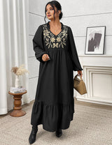Women Plus Size Elegant Black Embroidered Notch Neck Maxi Dress - PRUSES