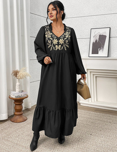 Women Plus Size Elegant Black Embroidered Notch Neck Maxi Dress - PRUSES