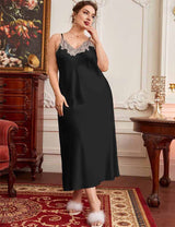 Women Plus Size Elegant Black Satin Lace Trim Nightgown
