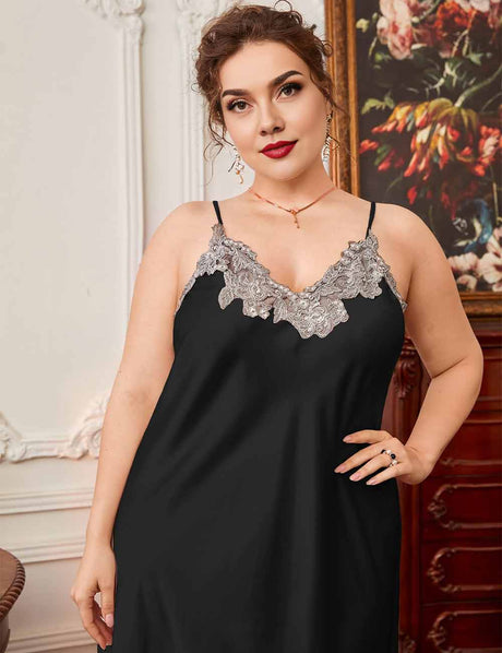 Women Plus Size Black Satin Lace Trim Nightgown