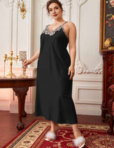 Women Plus Size Elegant Black Satin Lace Trim Long Nightgown