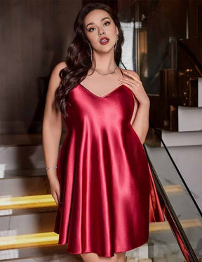 Women Plus Size Elegant Burgundy Satin Camisole Nightgown