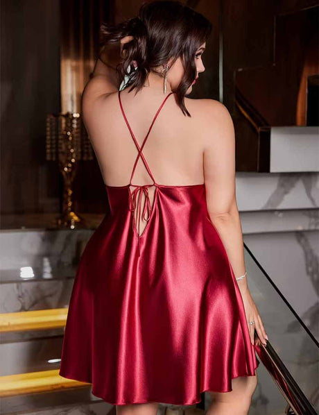 Women Plus Size Elegant Burgundy Satin Camisole Nightgown Back View