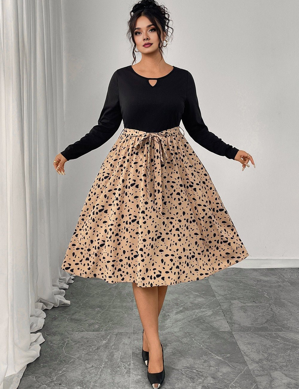 Women Plus Size Elegant Contrast Leopard Belted Dress - PRUSES