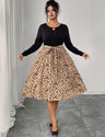 Women Plus Size Elegant Contrast Leopard Belted Dress - PRUSES