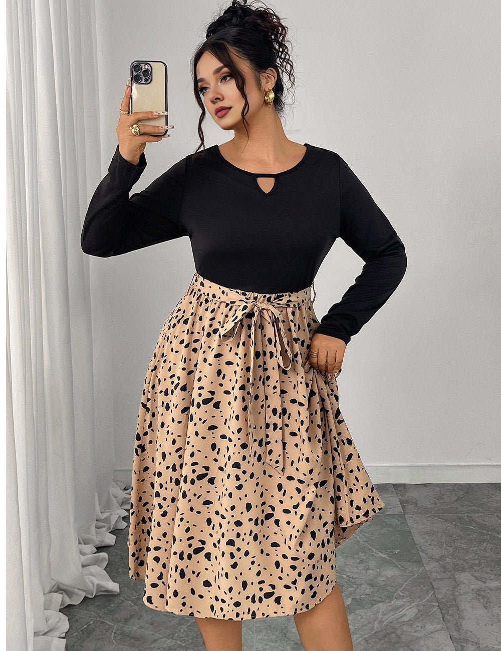 Women Plus Size Elegant Contrast Leopard Belted Dress - PRUSES
