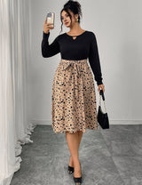 Women Plus Size Elegant Contrast Leopard Belted Dress - PRUSES