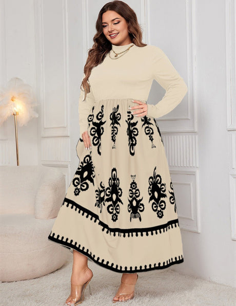 Women Plus Size Elegant Contrast Print Maxi Dress - PRUSES