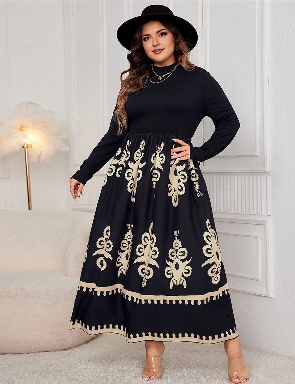 Women Plus Size Elegant Contrast Print Maxi Dress - PRUSES