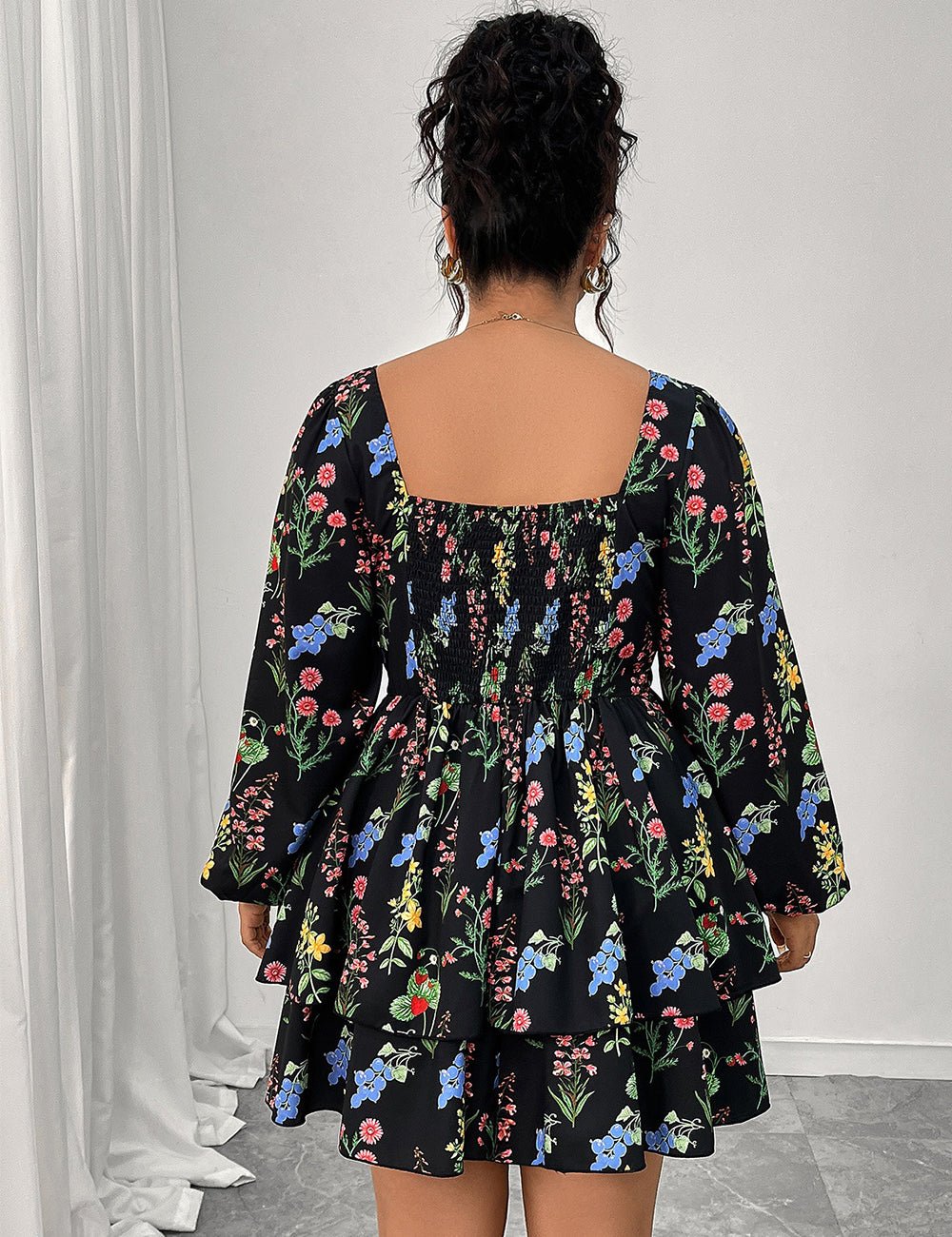 Women Plus Size Elegant Floral Print Square Neck Mini Dress - PRUSES