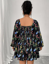 Women Plus Size Elegant Floral Print Square Neck Mini Dress - PRUSES