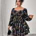 Women Plus Size Elegant Floral Print Square Neck Mini Dress - PRUSES